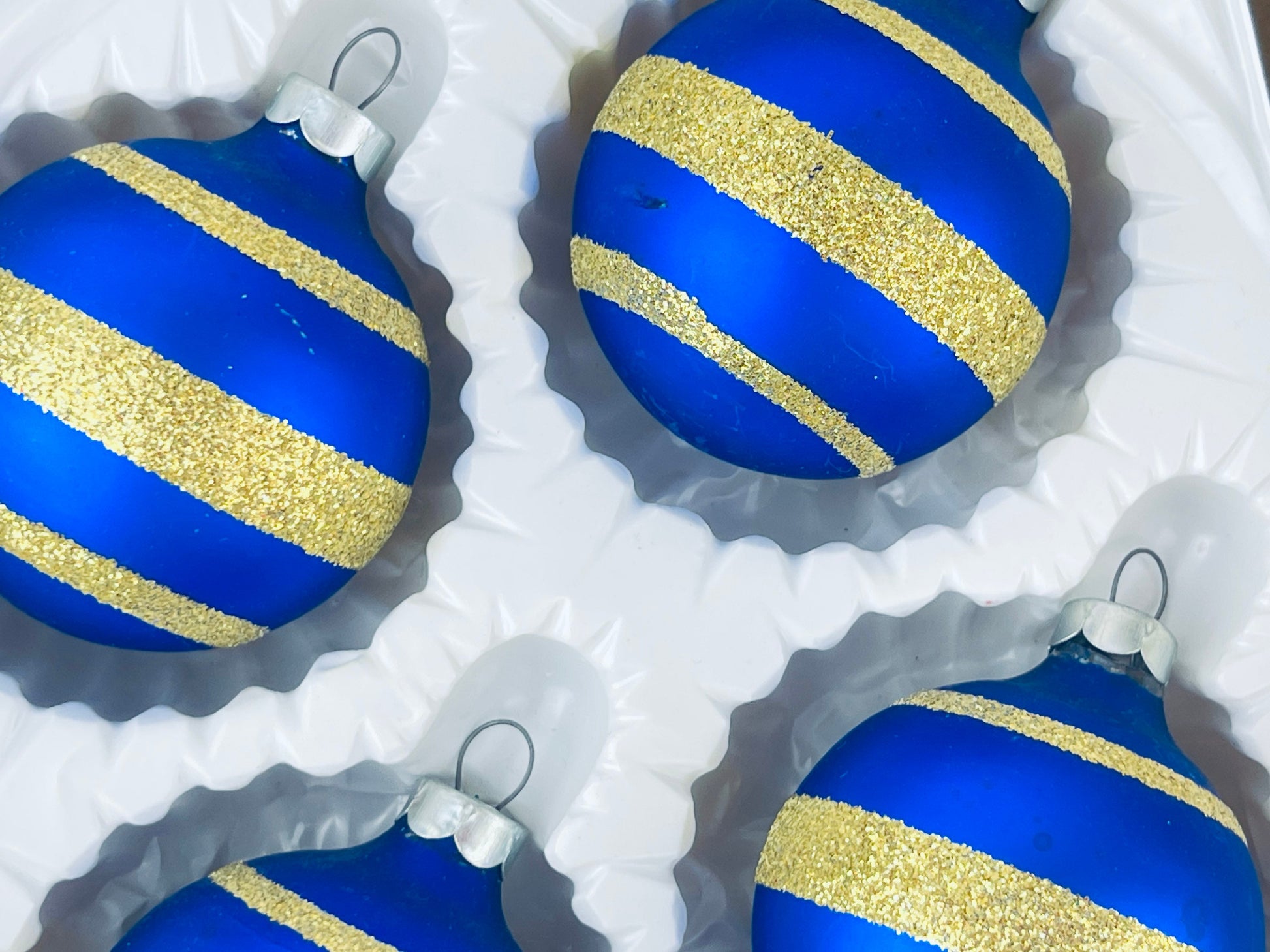 Product image for 'vintage blue gold striped glass christmas tree ornaments set of four 4 made in german democratic republic' (view 6e85c0)