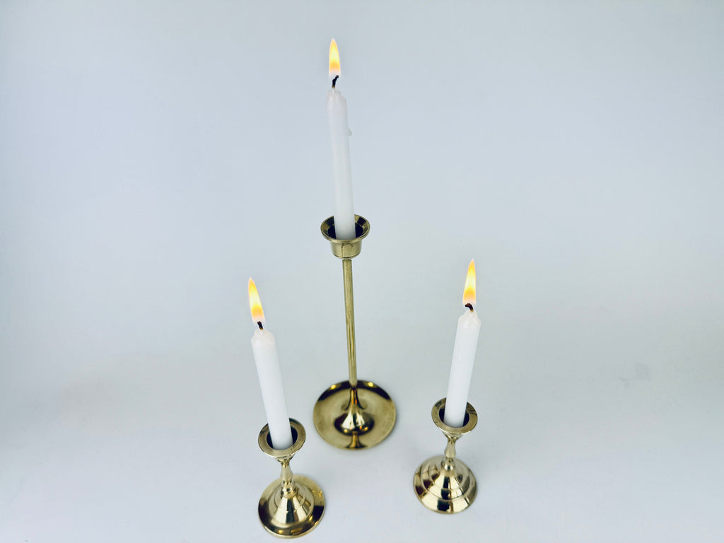 Product image for 'vintage tabletop brass small mini spell prayer candle stick holders mixed lot of three 3 attractive aged metal patina' (view 5f5020)