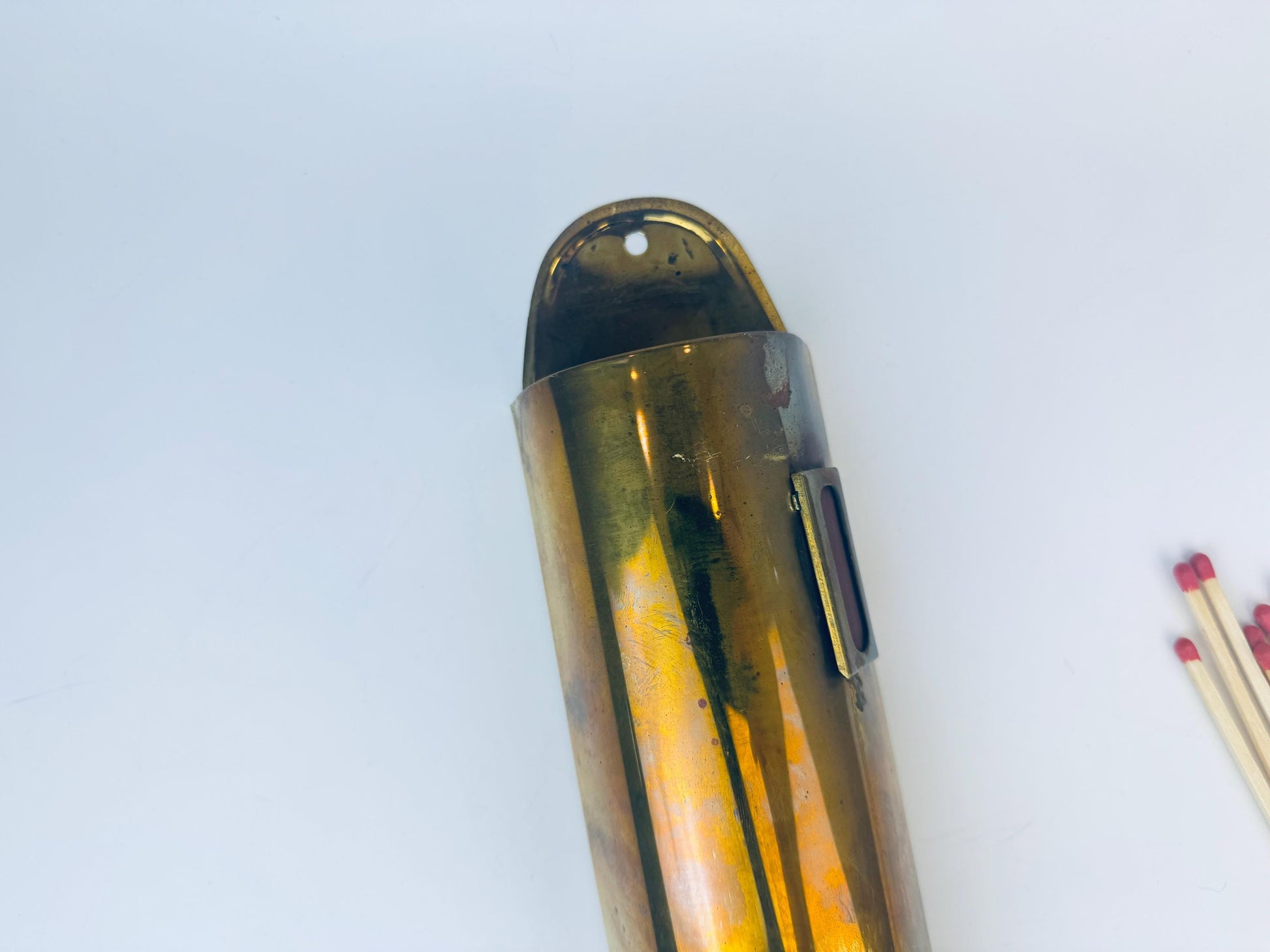 Product image for 'vintage brass match holder side strike pocket attractive aged metal patina' (view d93c0b)