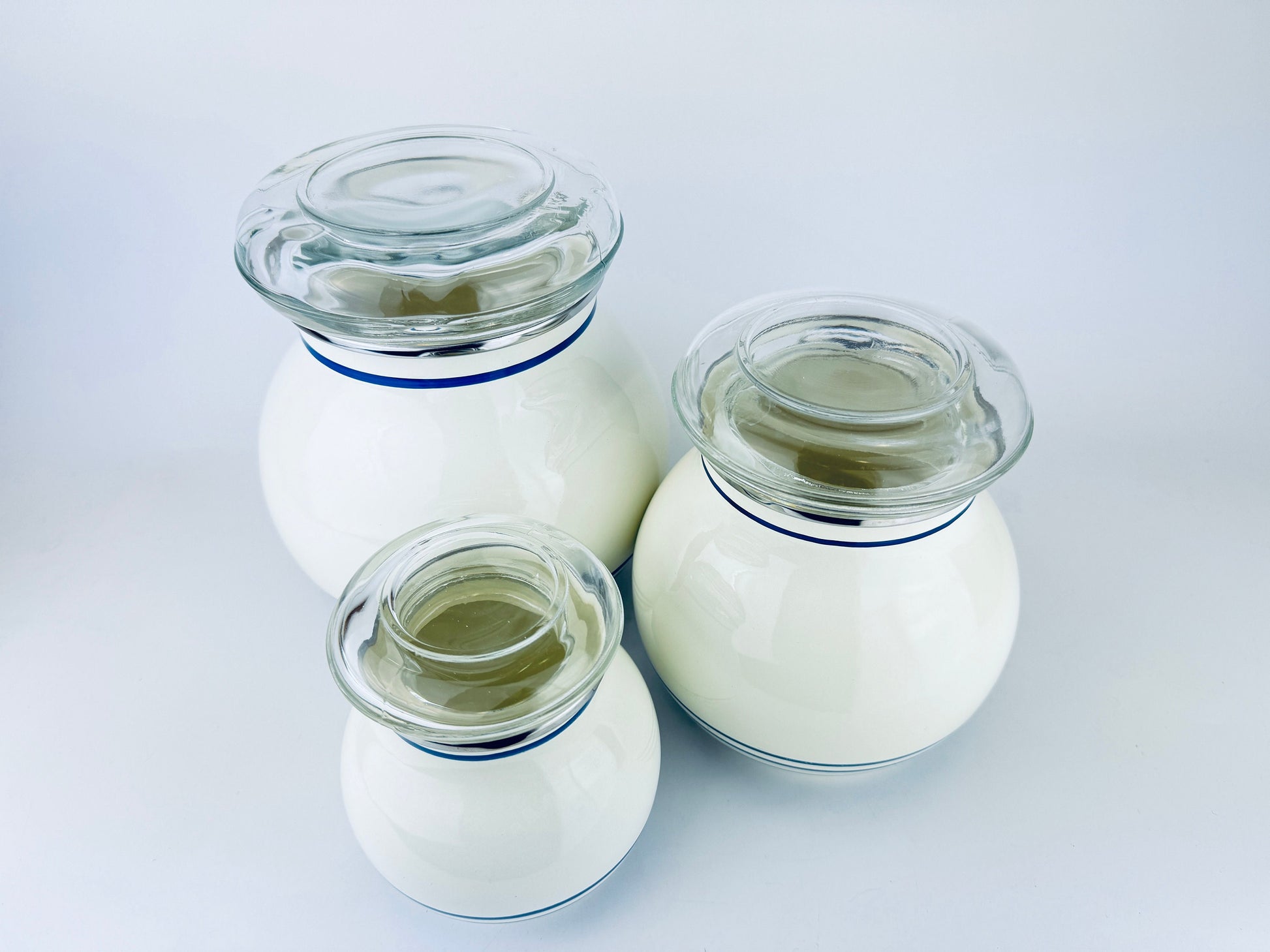 Product image for 'vintage ikea beige blue striped enamelled metal round airtight countertop canister set set of three 3' (view 1569d5)