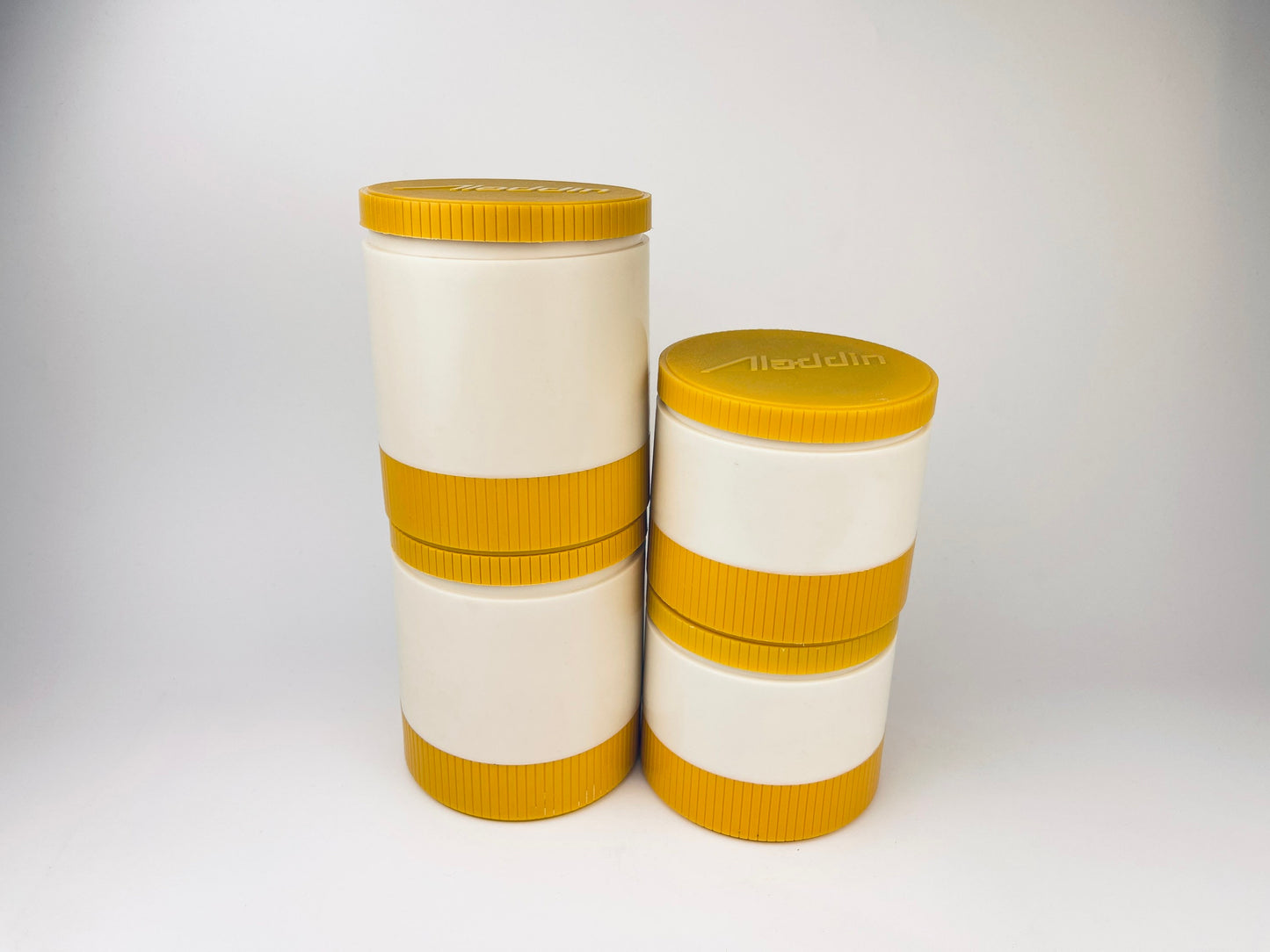 Product image for 'vintage 70s aladdin yellow beige thermos insulated vacuum sealed jar sold individually made in canada freezer lid' (view 50519e)