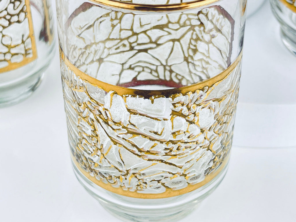 Product image for 'vintage gold textured crackle ice glass set set of four 4 lowball barware glasses barware gift' (view 848de1)