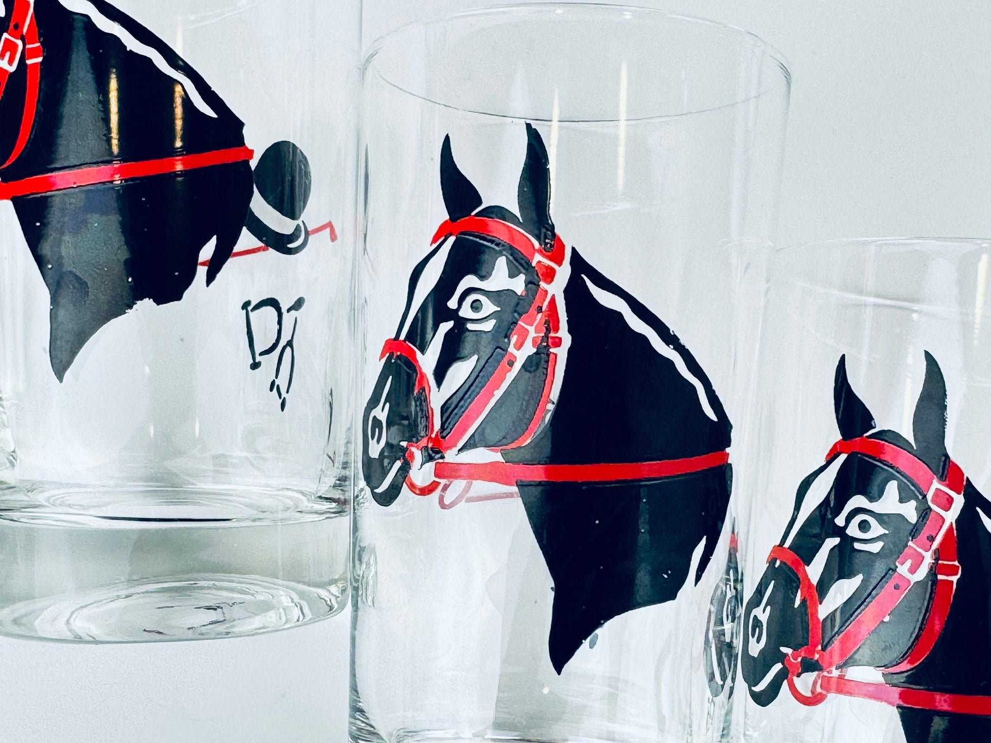 Product image for 'vintage racing kentucky derby hat horse equestrian drinking highball barware glasses federal glass set of five 5' (view f948cc)