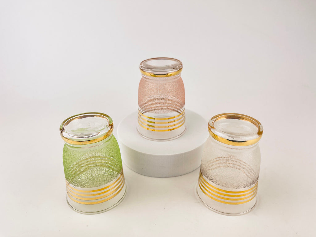 Product image for 'vintage gold striped sugar coated drinking shot glasses set of three 3 pink green white' (view 959878)
