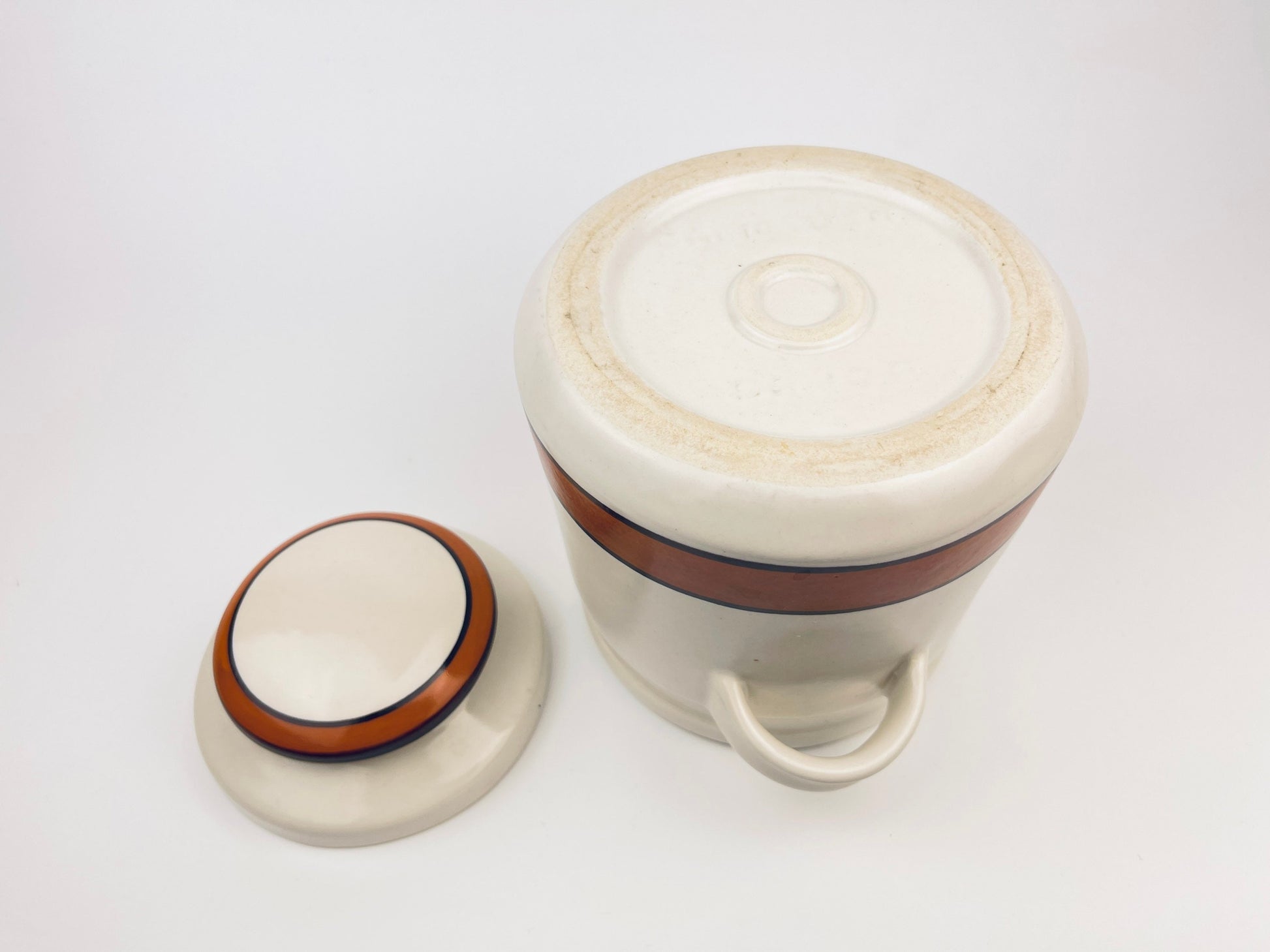 Product image for 'vintage california pottery ceramic lidded jar orange brown striped made in usa' (view e249d6)