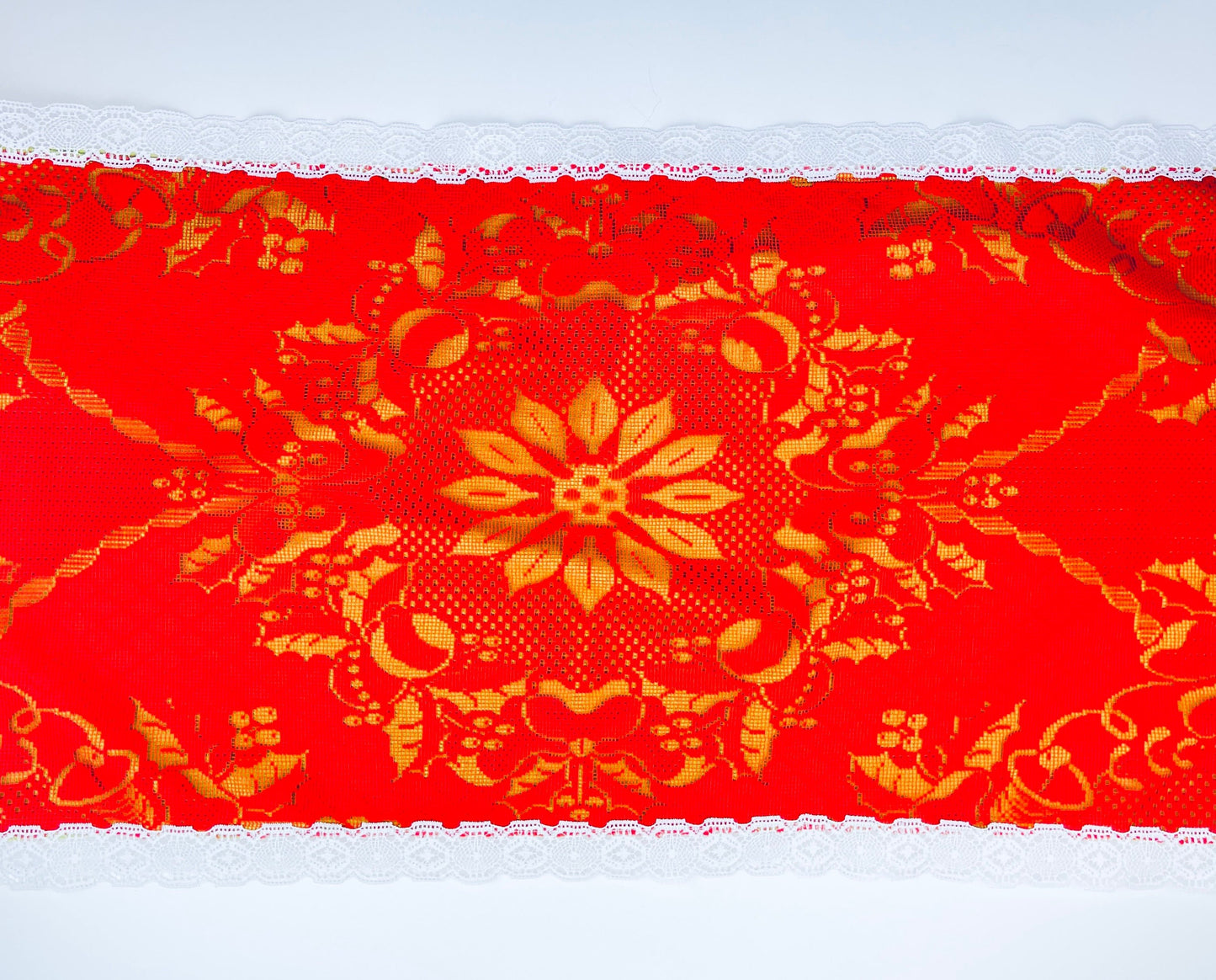 Product image for 'vintage christmas table runner poinsettia bells red green white lace pattern 16 5 x 44' (view 9b33ce)