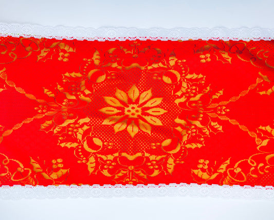 Product image for 'vintage christmas table runner poinsettia bells red green white lace pattern 16 5 x 44' (view 9b33ce)