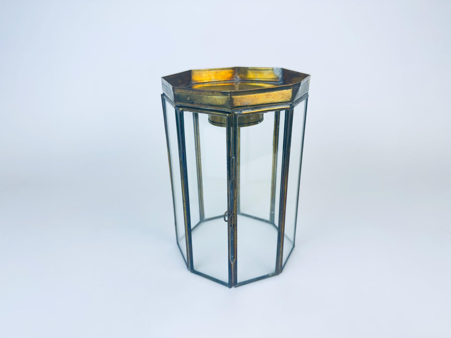 Product image for 'vintage brass glass double door display curio candleholder attractive aged brass patina' (view 0e7d4f)