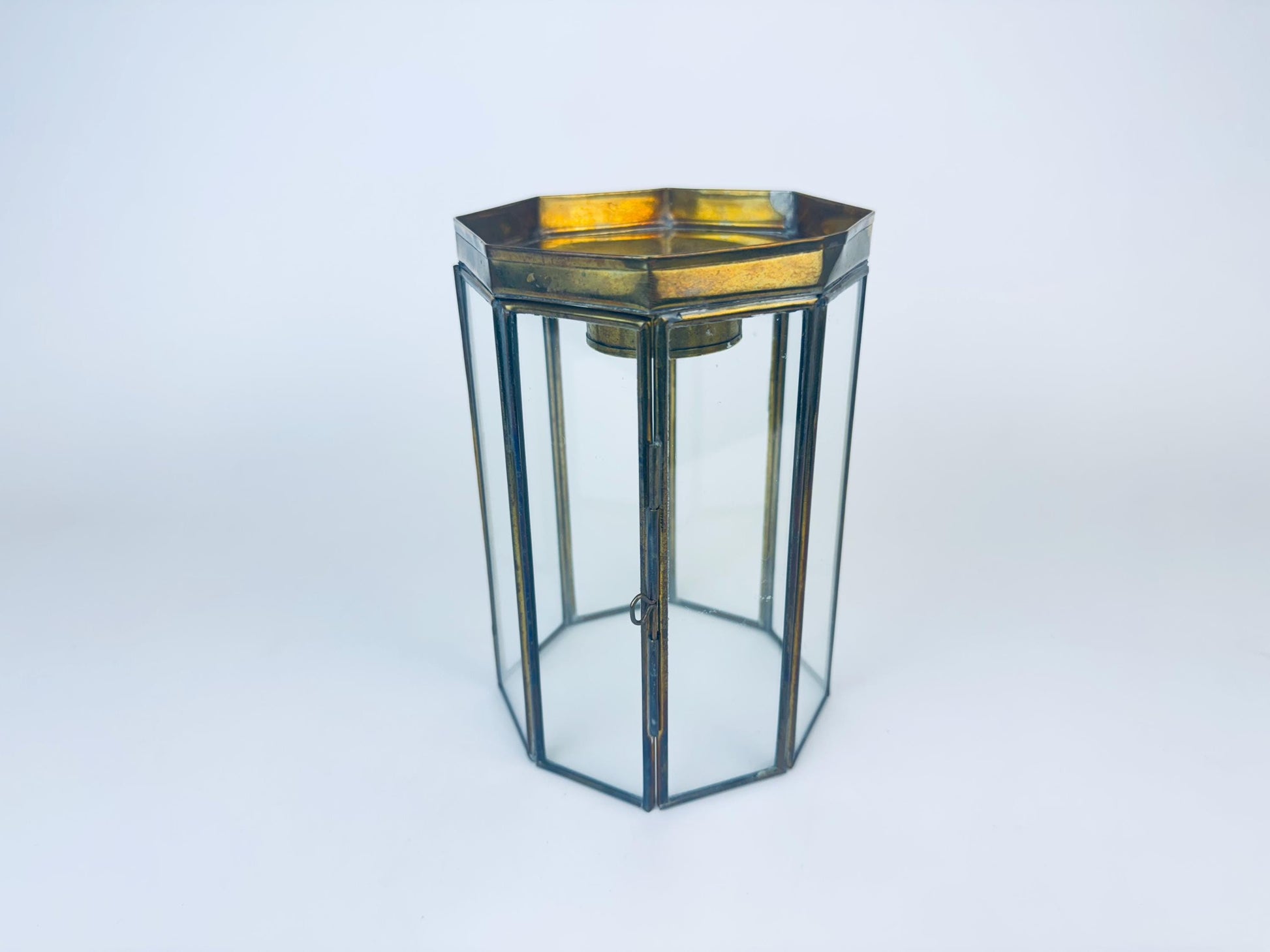 Product image for 'vintage brass glass double door display curio candleholder attractive aged brass patina' (view 0e7d4f)