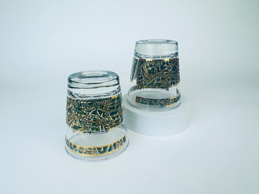 Product image for 'vintage gold green pattern lowball whiskey glasses dominion glass company set of two 2' (view 230e37)
