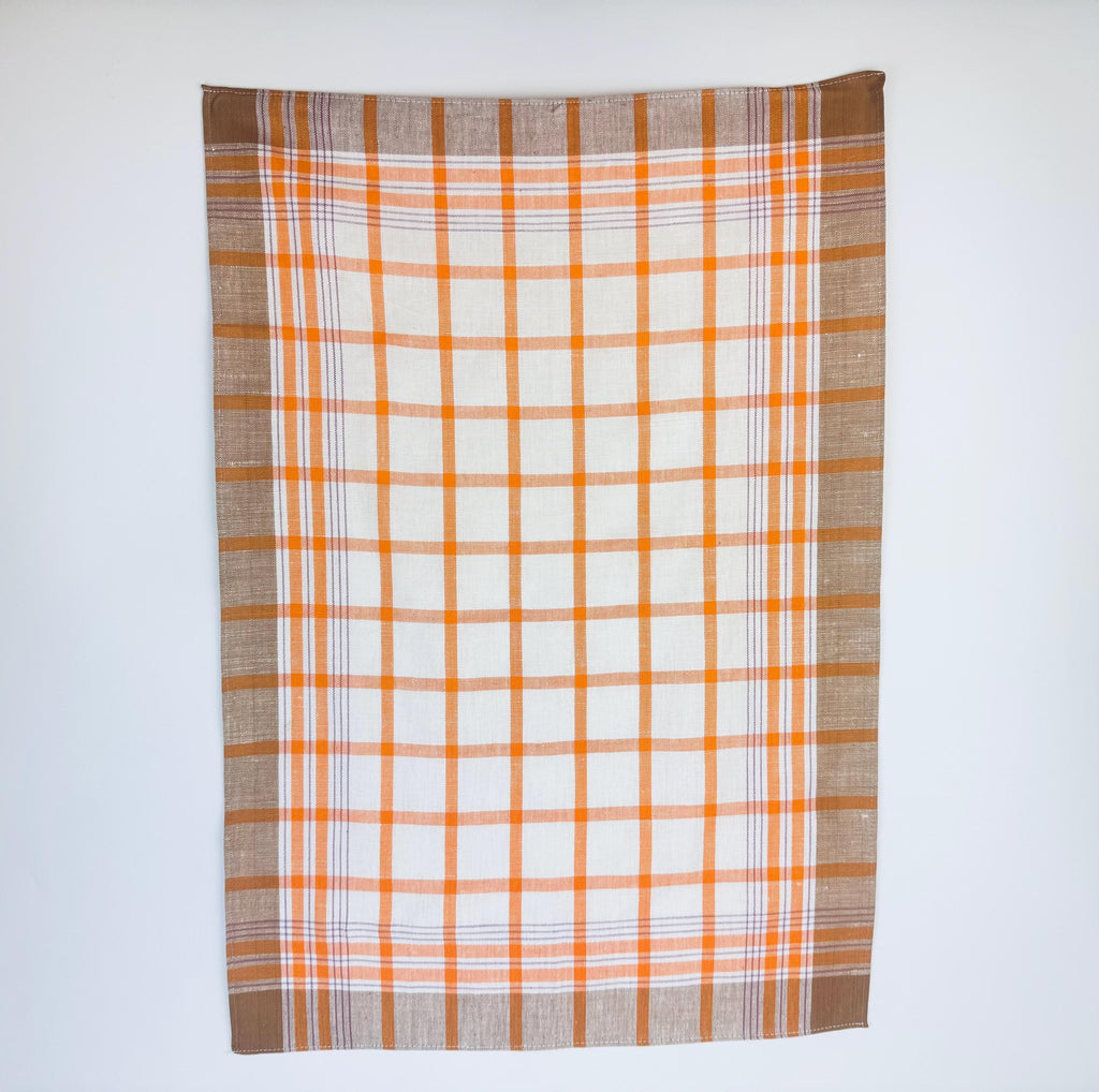 Product image for 'vintage brown orange striped beige linen tea towel' (view 0702e7)
