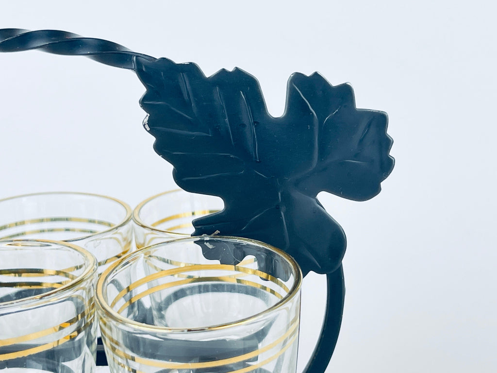 Product image for 'vintage gold striped clear shot glass barware set black metal leaf carrier' (view 150c39)