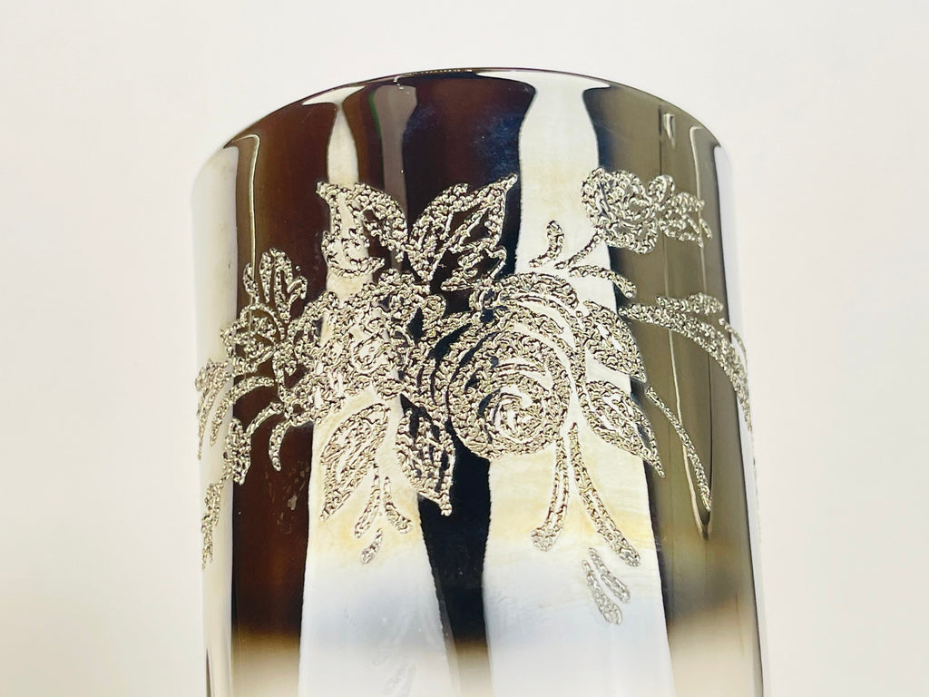 Product image for 'vintage dorothy thorpe silver ombre fade highball glass set rose flower embossed top metal chrome caddy set of six 6' (view 2c8ed6)