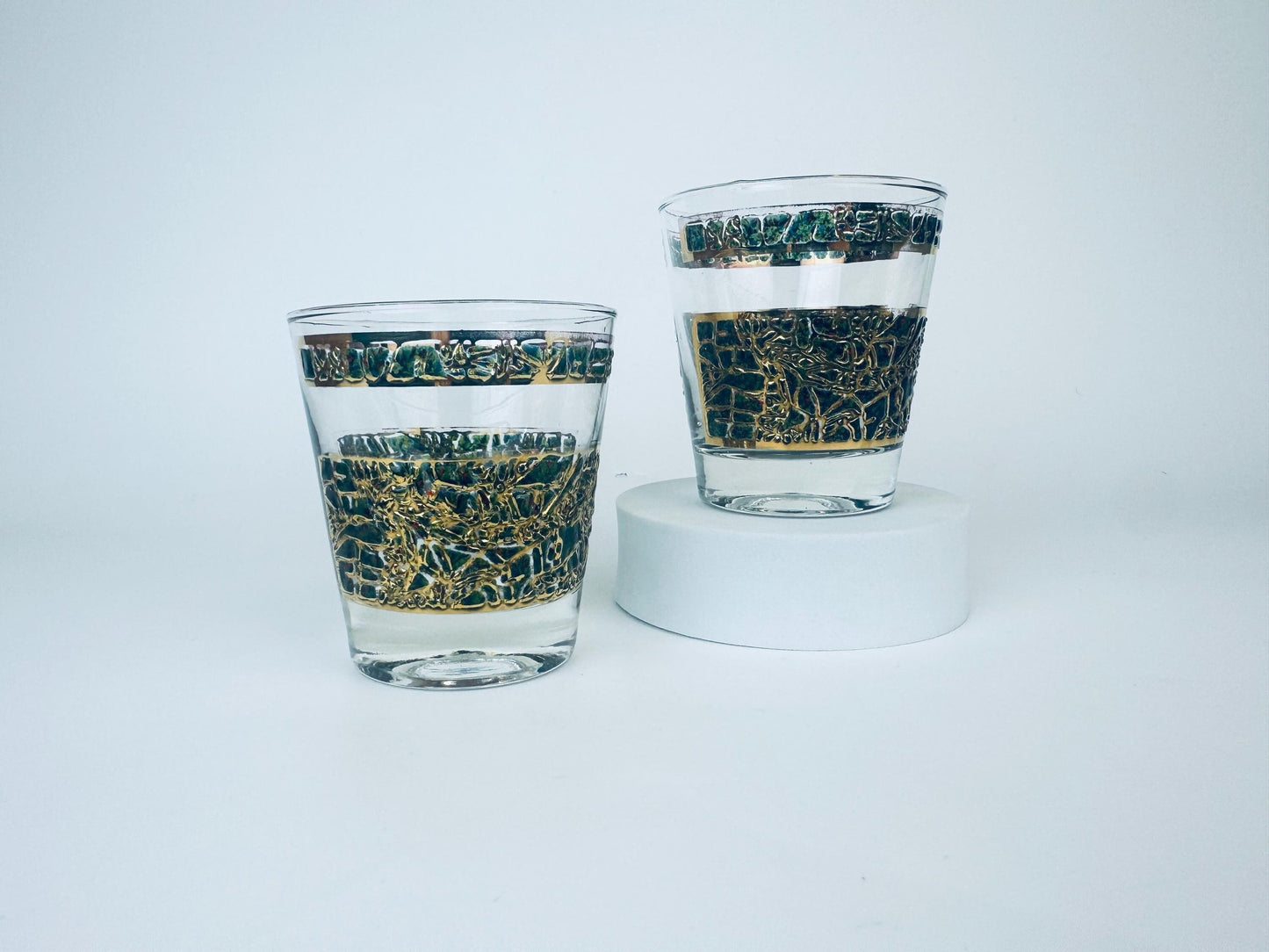 Product image for 'vintage gold green pattern lowball whiskey glasses dominion glass company set of two 2' (view b2a379)