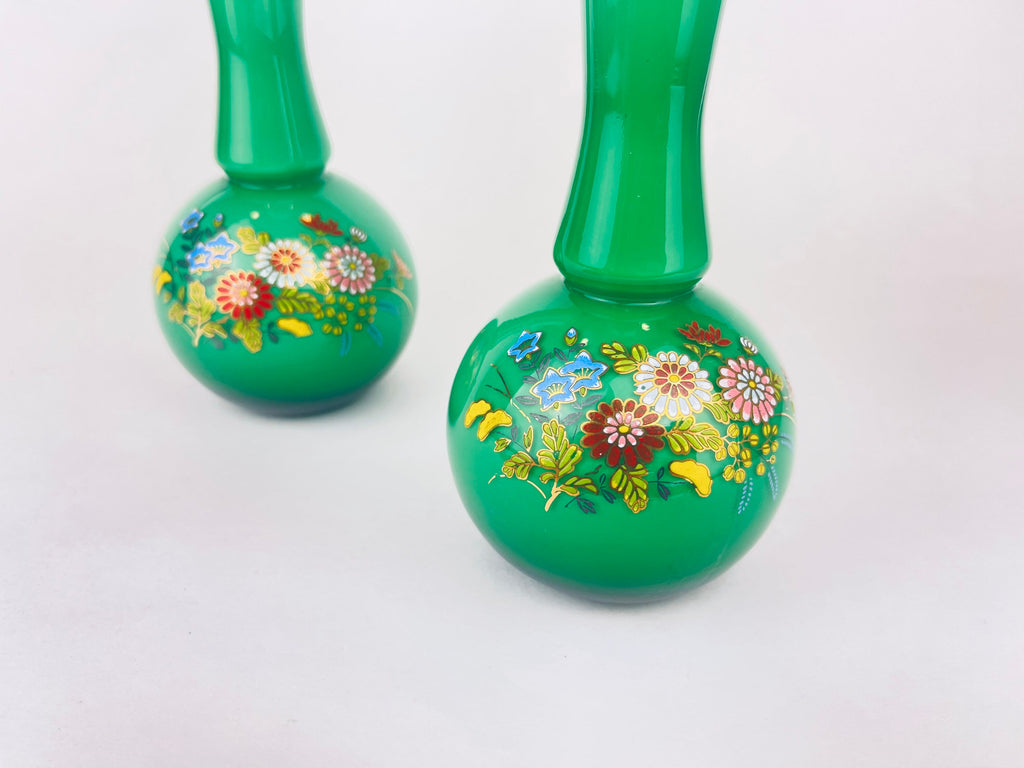 Product image for 'vintage glass bud vases set of two 2 hand painted enamelled flowers gold rim top pattern made in japan' (view cb973b)