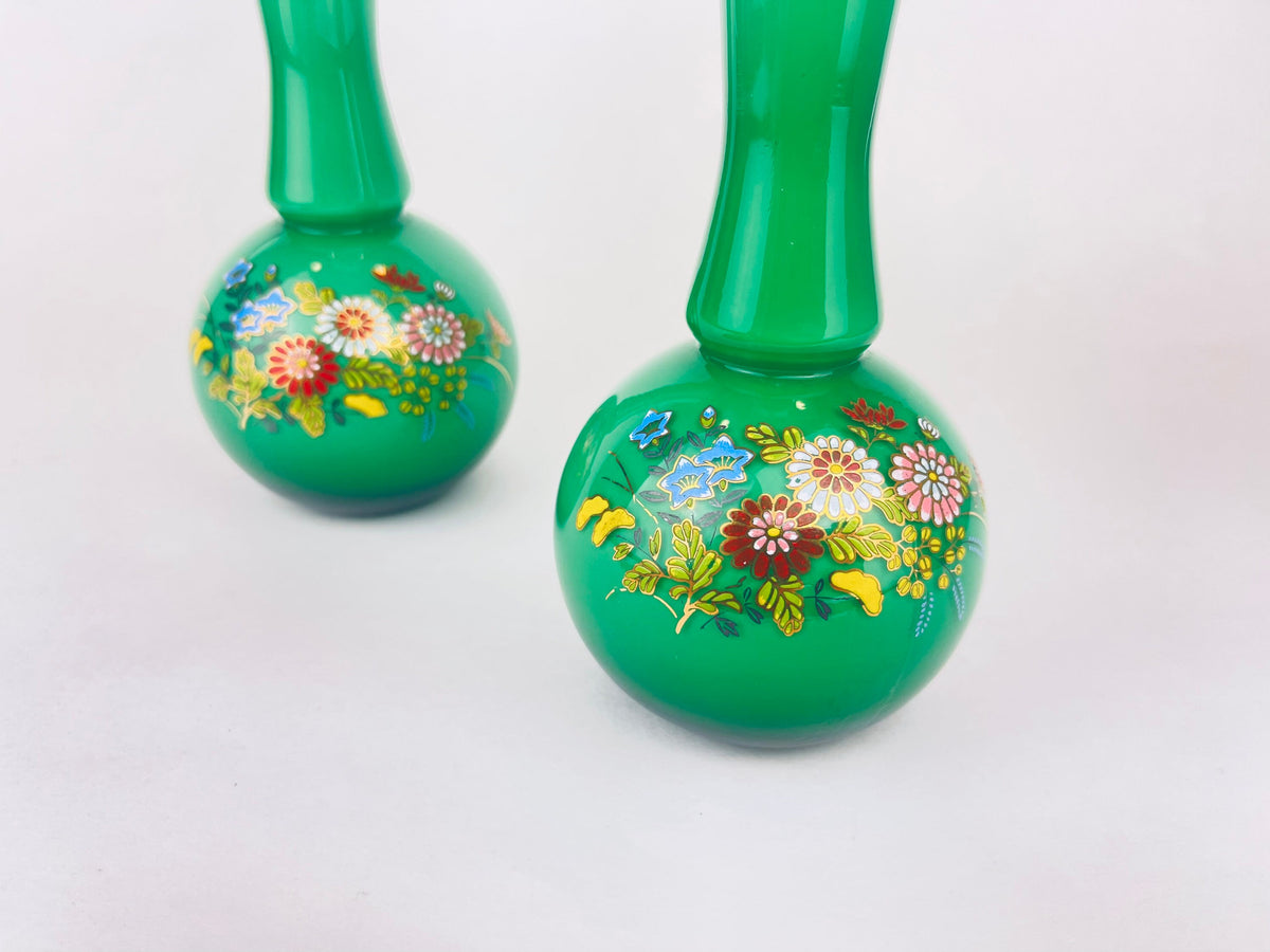 Product image for 'vintage glass bud vases set of two 2 hand painted enamelled flowers gold rim top pattern made in japan' (view cb973b)