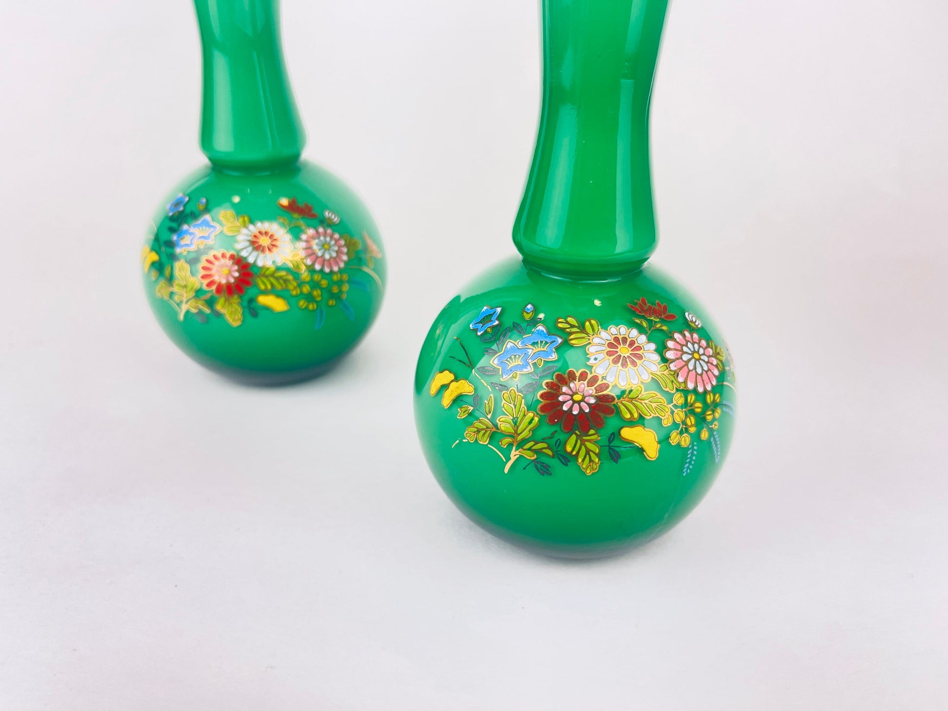Product image for 'vintage glass bud vases set of two 2 hand painted enamelled flowers gold rim top pattern made in japan' (view cb973b)