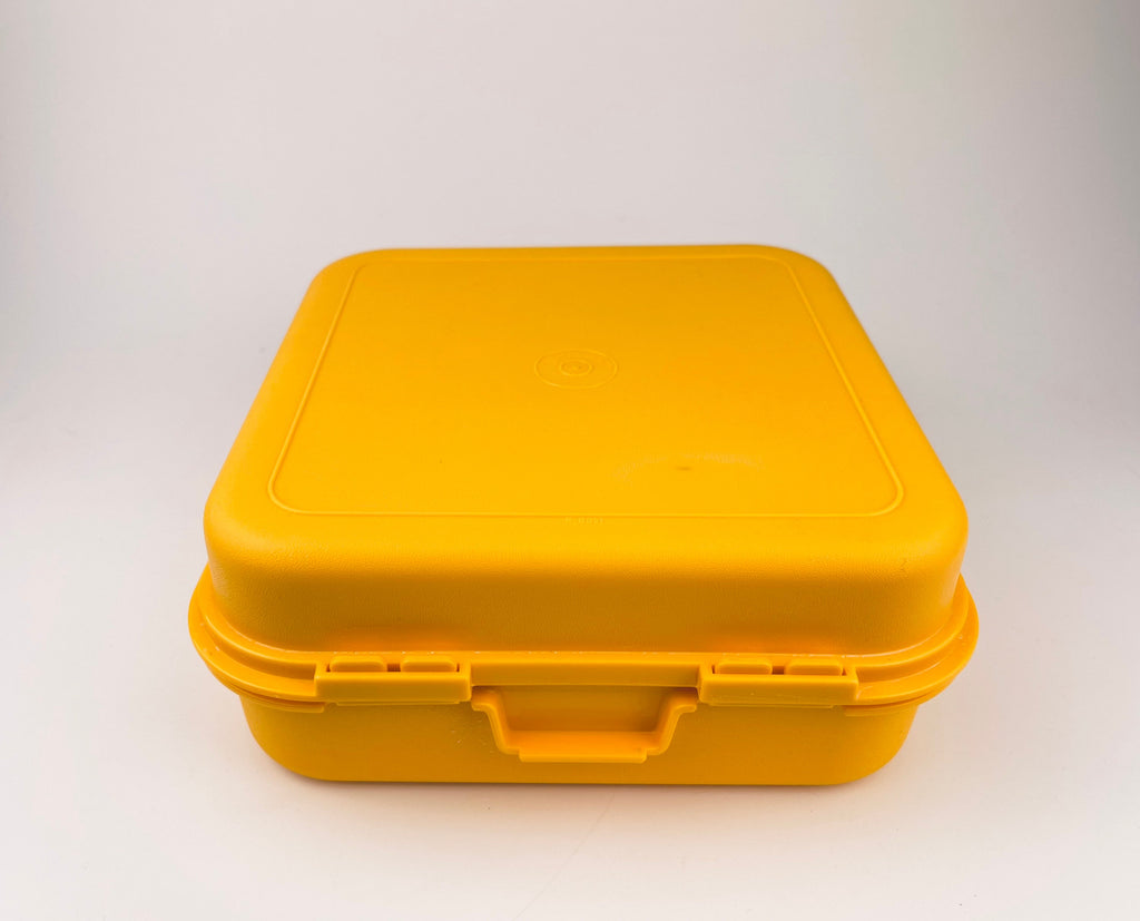 Product image for 'vintage yellow tupperware plastic lunch box made in canada raised alphabet number back kid craft storage box' (view 5d8abb)