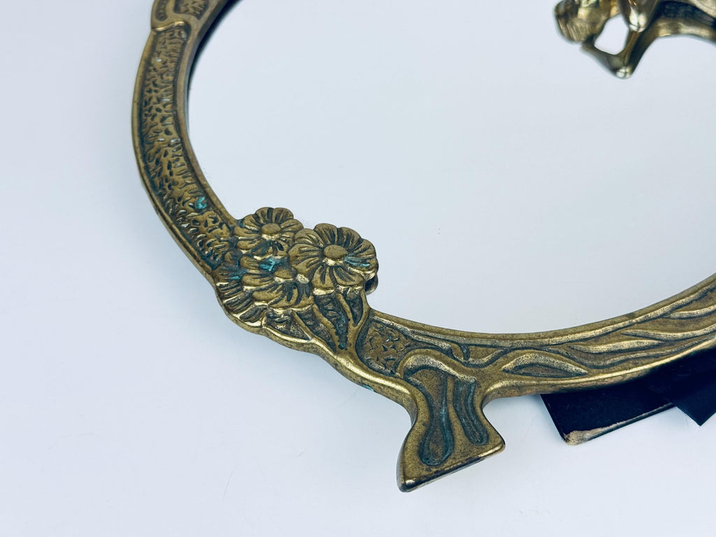 Product image for 'vintage art nouveau round brass tabletop mirror wood nymph maiden woman by the lake' (view c71c9e)