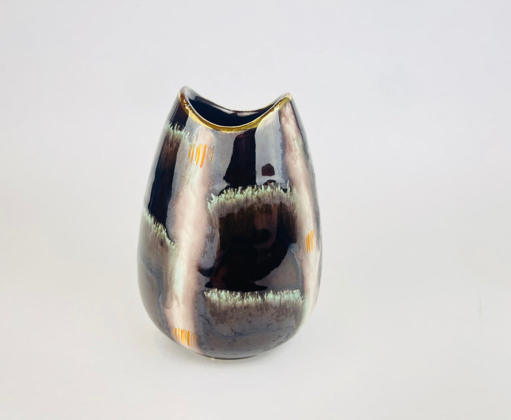 Product image for 'vintage mcm fish mouth pottery vase by jasba teal streak line gold rimmed top model 582 12 made in west germany' (view e85957)