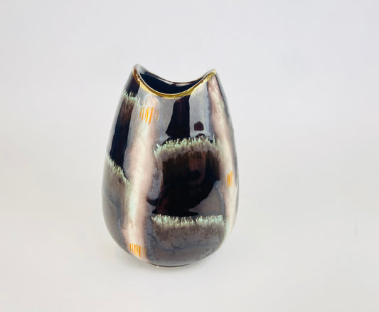 Product image for 'vintage mcm fish mouth pottery vase by jasba teal streak line gold rimmed top model 582 12 made in west germany' (view e85957)