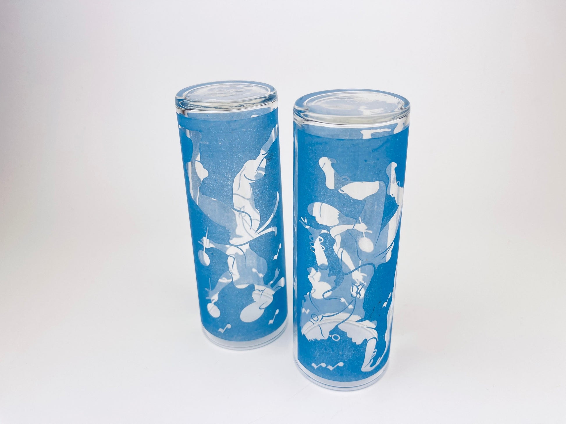 Product image for 'vintage blue frosted dancing silhouette highball zombie glasses set of two 2 juice barware glasses' (view df345c)
