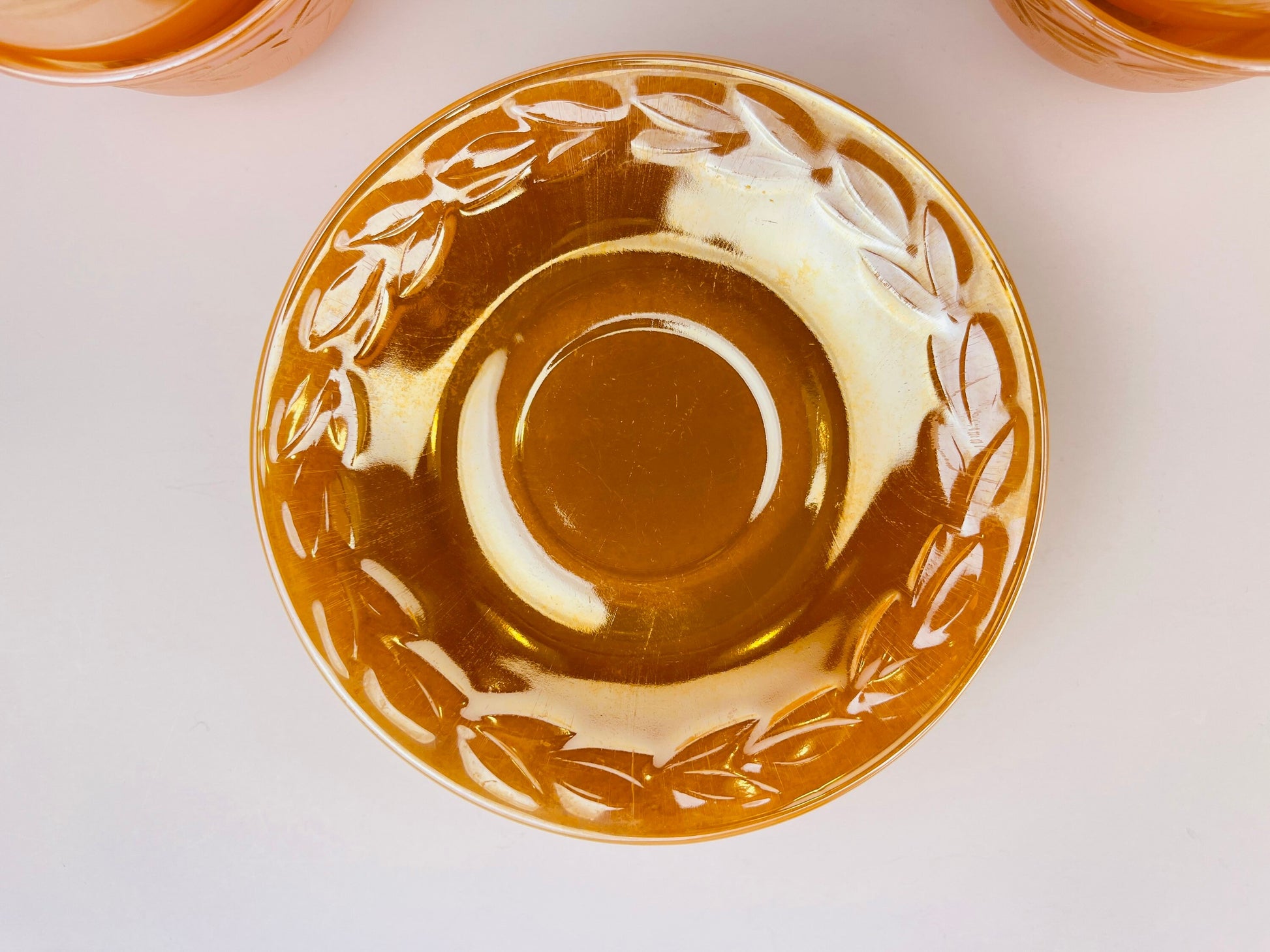 Product image for 'vintage peach lustreware laurel leaf tea cup saucer set replacement anchor hocking fire king made in usa' (view a340b5)