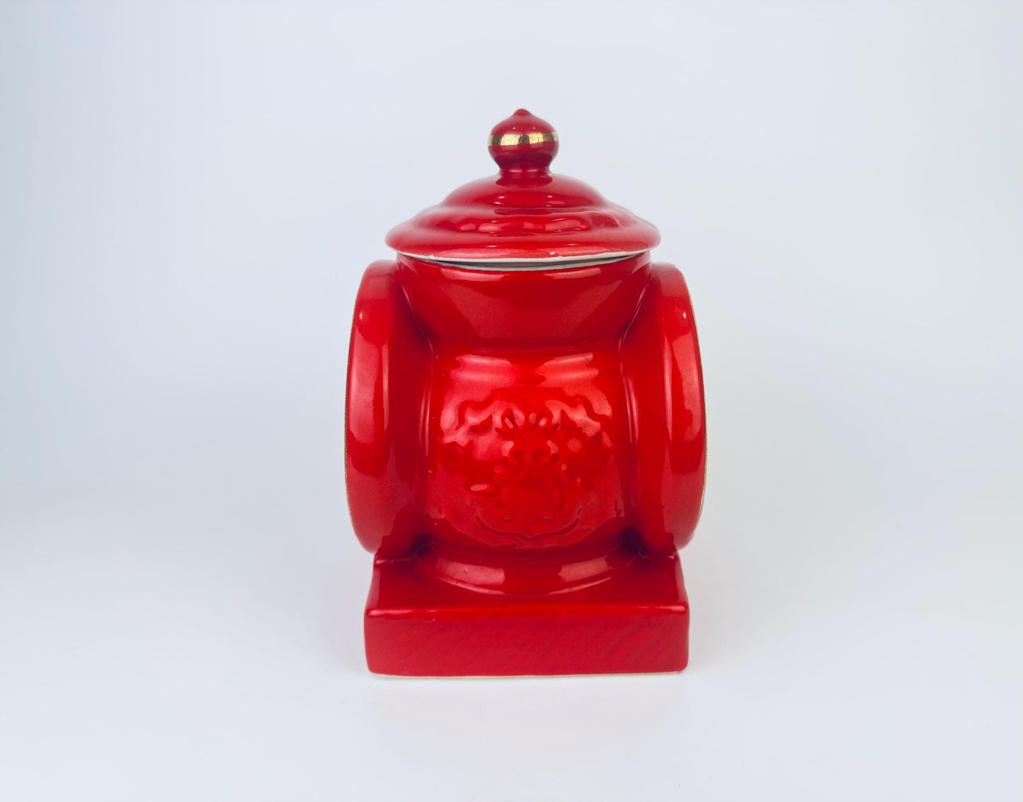 Product image for 'vintage house of webster cookie biscuit jar red gold ceramic coffee grinder canister made in eastland texas usa' (view 38dc8a)