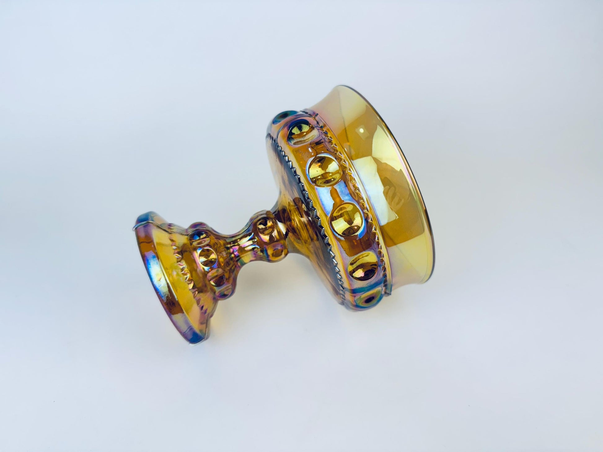 Product image for 'vintage amber carnival glass kings crown thumbprint pedestal compote candy bowl by indiana glass company' (view c5ac18)