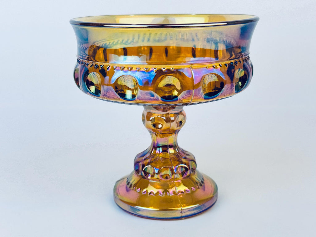 Product image for 'vintage amber carnival glass kings crown thumbprint pedestal compote candy bowl by indiana glass company' (view 68f0bc)