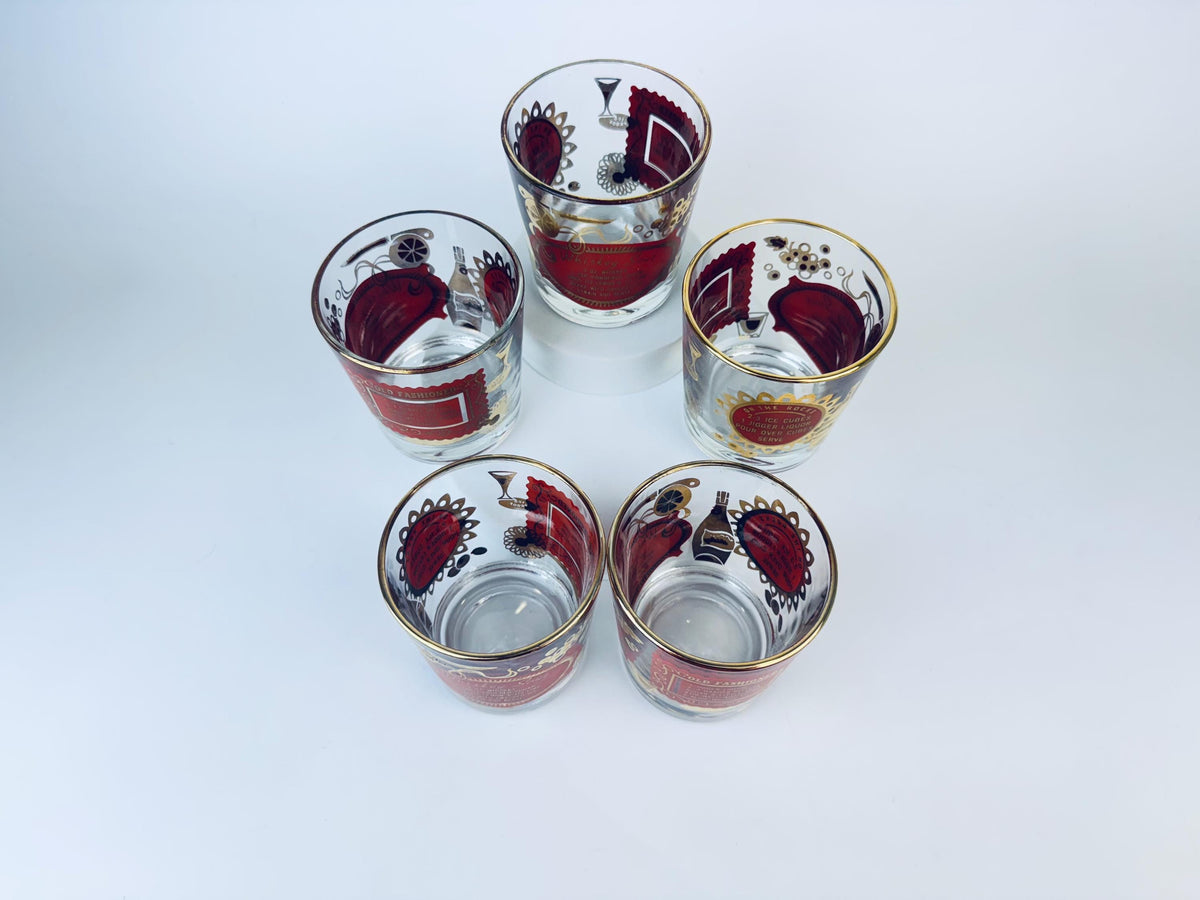 Product image for 'vintage jeanette glass heres how red and gold old fashioned glasses set of five 5' (view 99211c)
