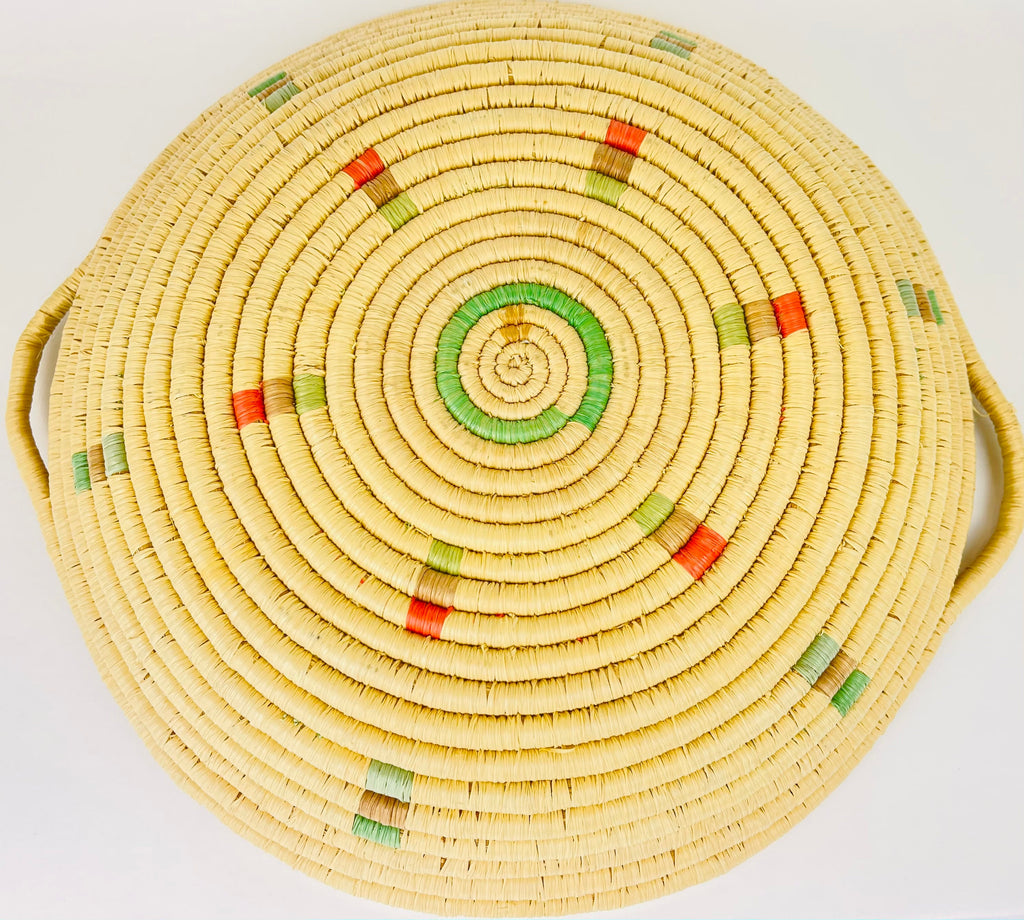 Product image for 'vintage 1990s pastel boho woven rattan bowl handled basket tray pink green blue' (view 3f6837)