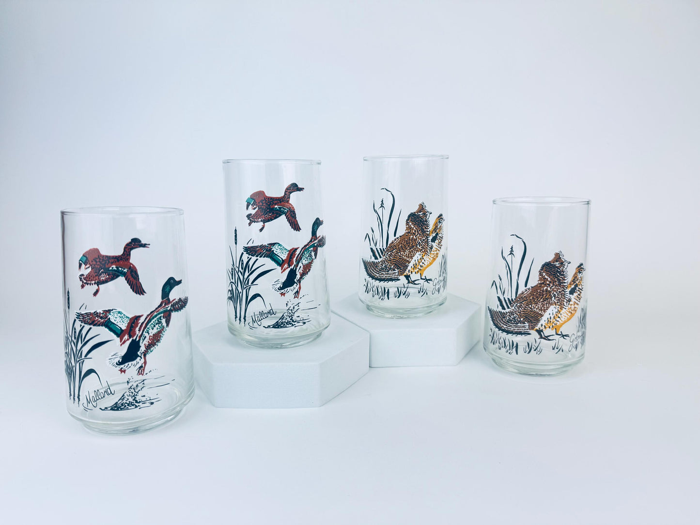 Product image for 'vintage mallard duck grouse drinking glasses mid century wildlife barware set' (view a9ff8e)