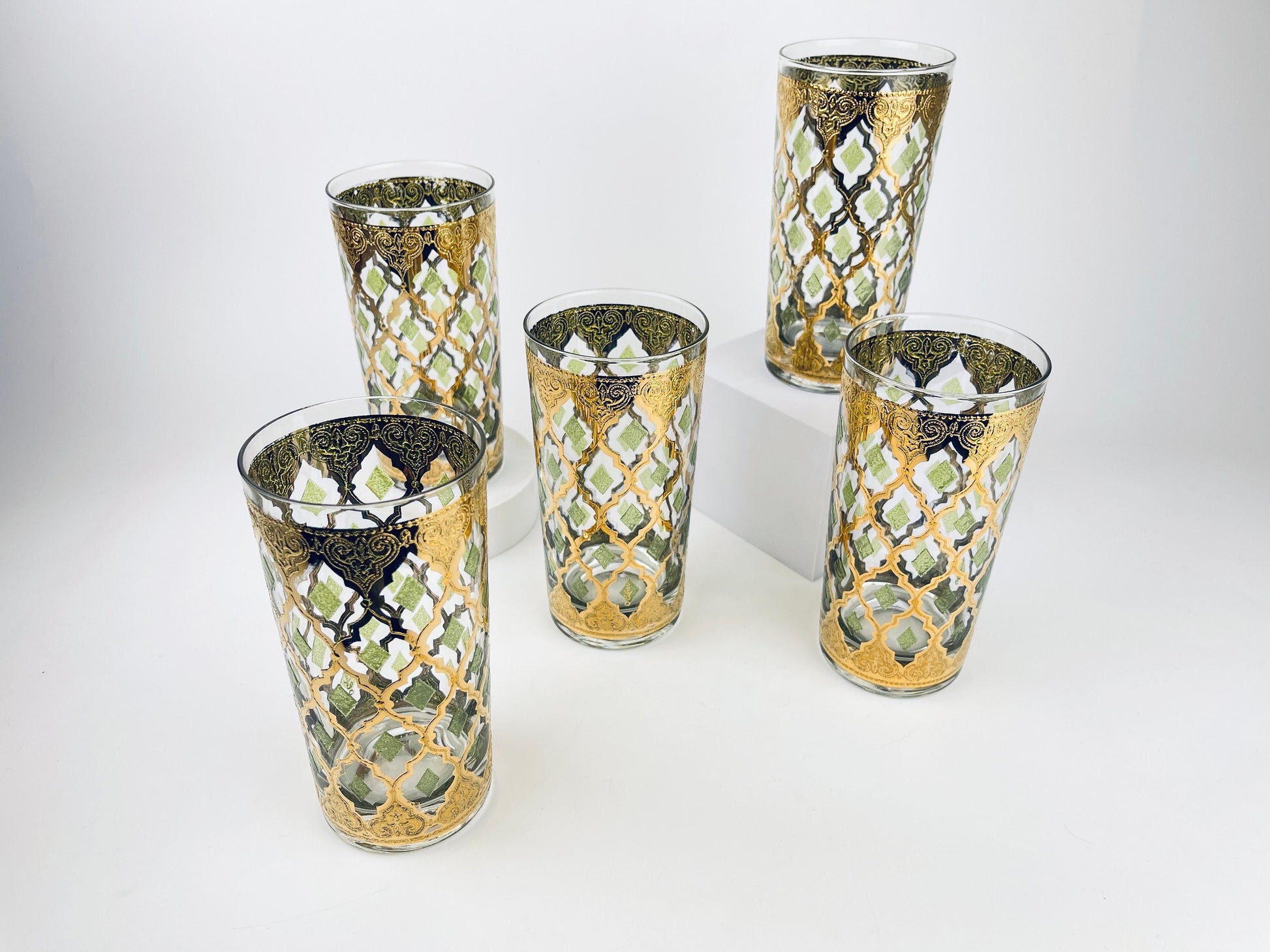 Product image for 'vintage culver tyrol valencia 22 kt gold emerald green diamond pattern barware glasses set of five 5 barware gift' (view 6903d6)