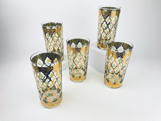 Product image for 'vintage culver tyrol valencia 22 kt gold emerald green diamond pattern barware glasses set of five 5 barware gift' (view 6903d6)