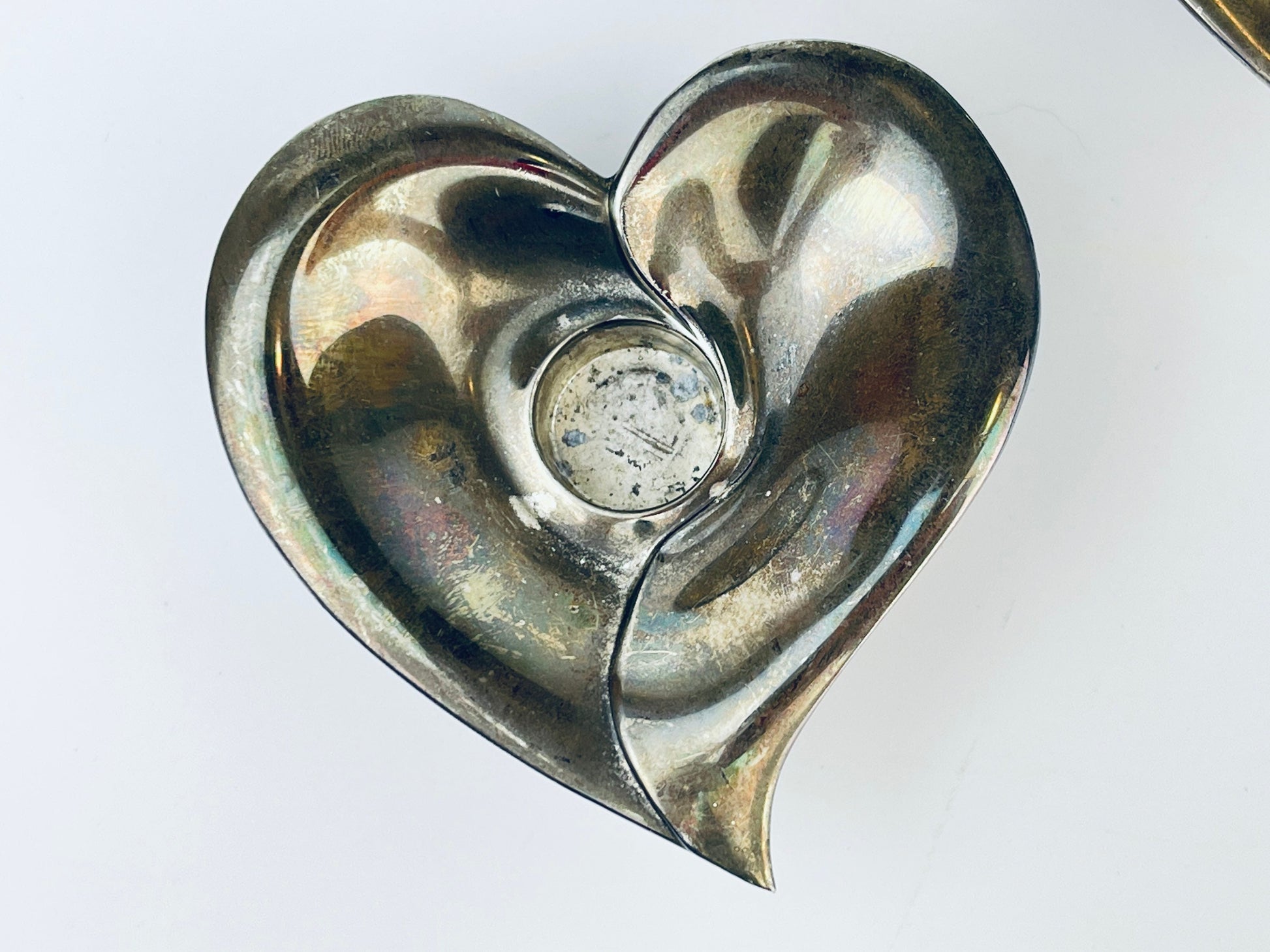 Product image for 'vintage silverplated metal heart tapered candle holder attractive aged metal patina set of two 2' (view ec842f)