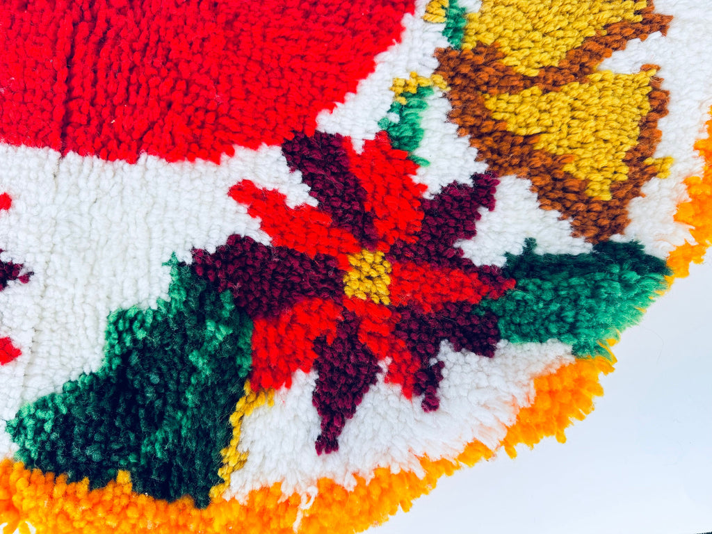 Product image for 'vintage handmade latch hook crocheted christmas tree skirt red poinsettia golden bell pattern' (view 8c7790)