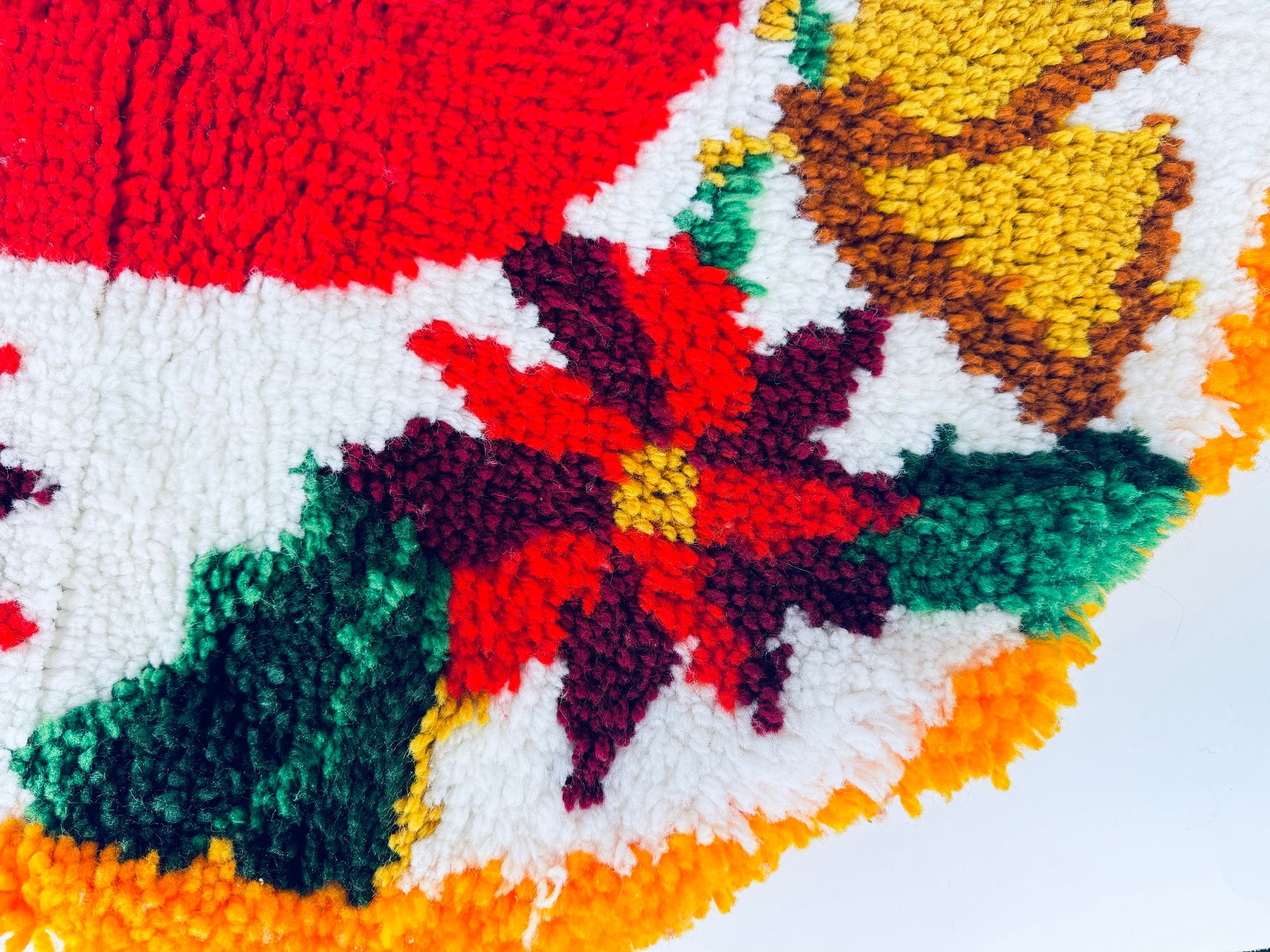 Product image for 'vintage handmade latch hook crocheted christmas tree skirt red poinsettia golden bell pattern' (view 8c7790)