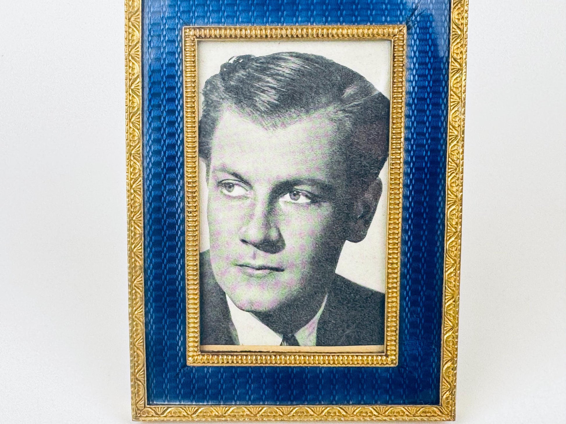 Product image for 'vintage antique french art deco blue guilloche style enamel brass tabletop picture frame 3 x 4' (view 6d23d4)