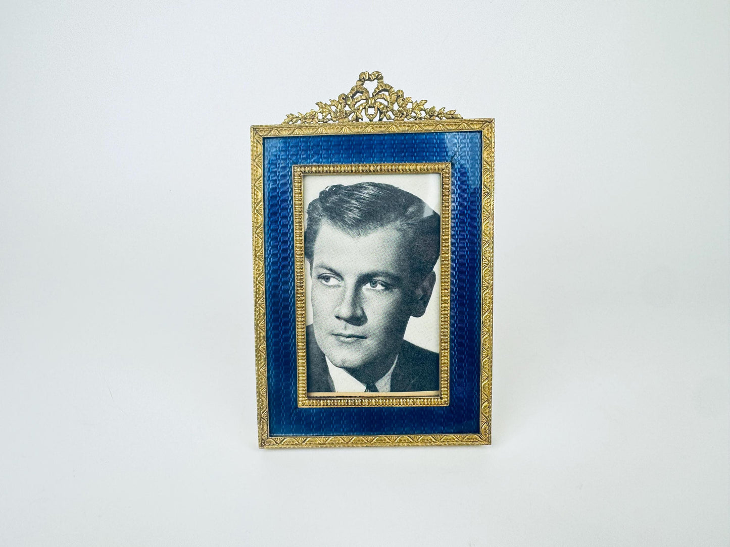 Product image for 'vintage antique french art deco blue guilloche style enamel brass tabletop picture frame 3 x 4' (view 5122a8)