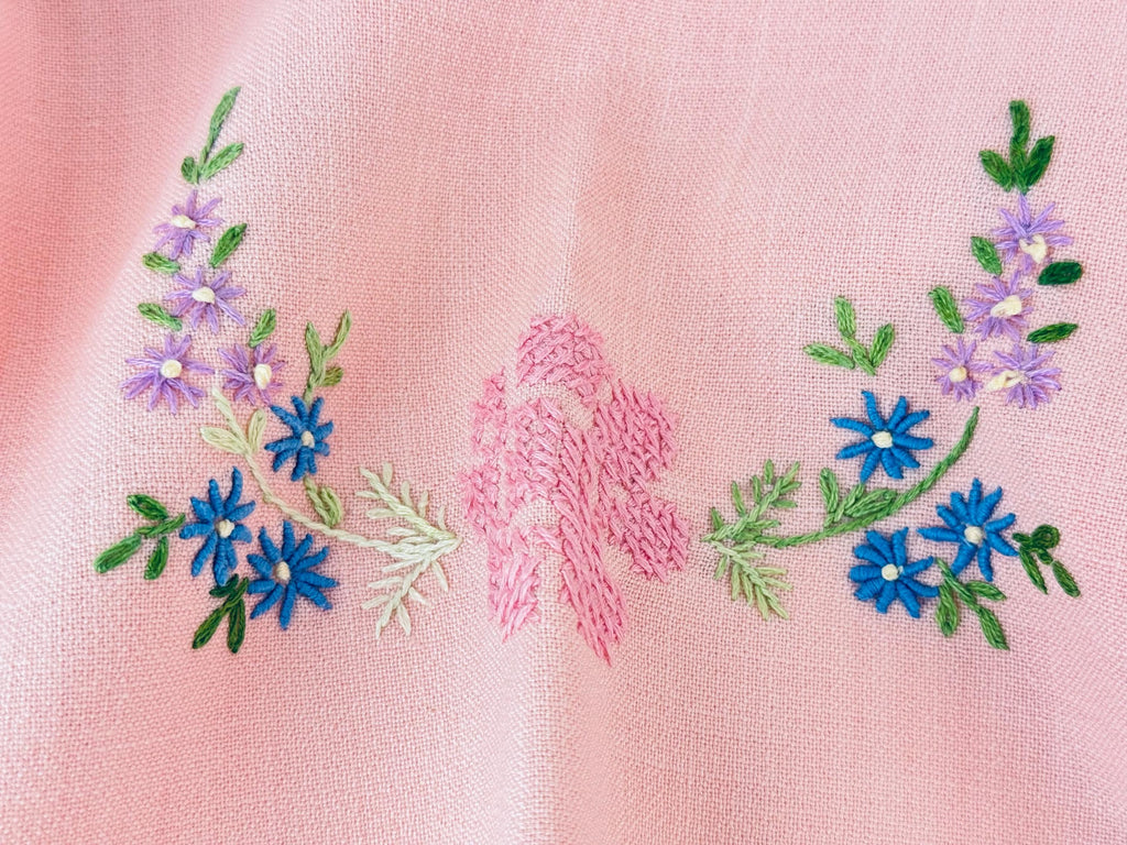 Product image for 'vintage pale pink white embroidered floral rectangular table runner' (view bdc047)