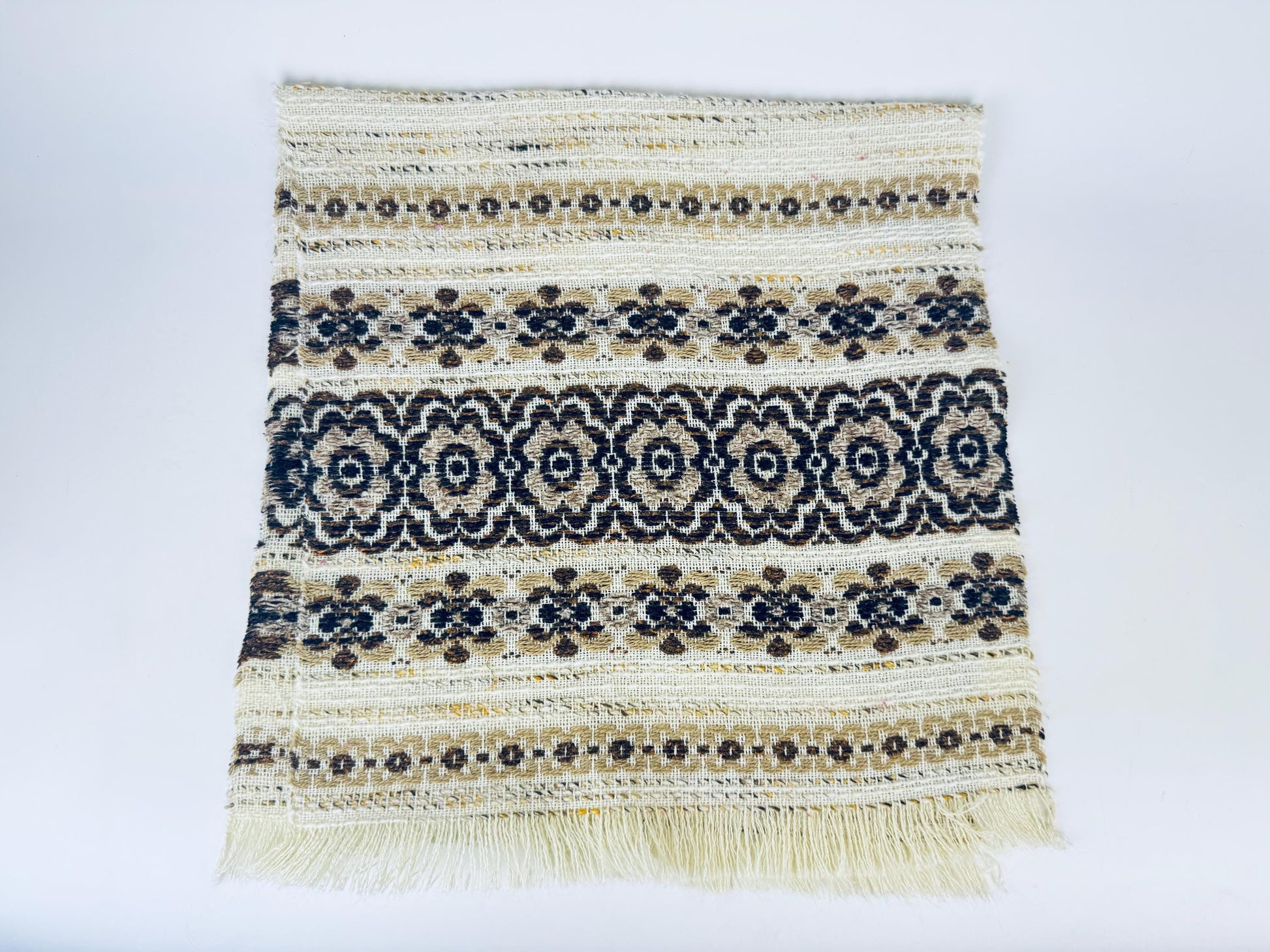 Product image for 'vintage 1970s beige brown floral woven table runner boho loomed textile with fringe ends 14 x 32' (view b5ff89)