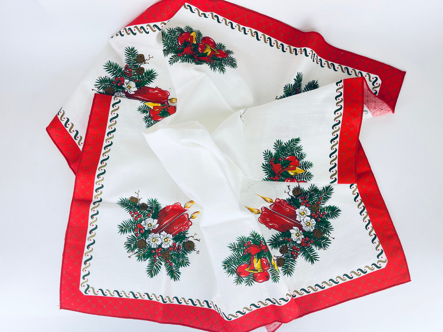 Product image for 'vintage christmas print square table cloth christmas bells ornaments candles 31 x 31 made in brazil by interloom' (view 14b394)