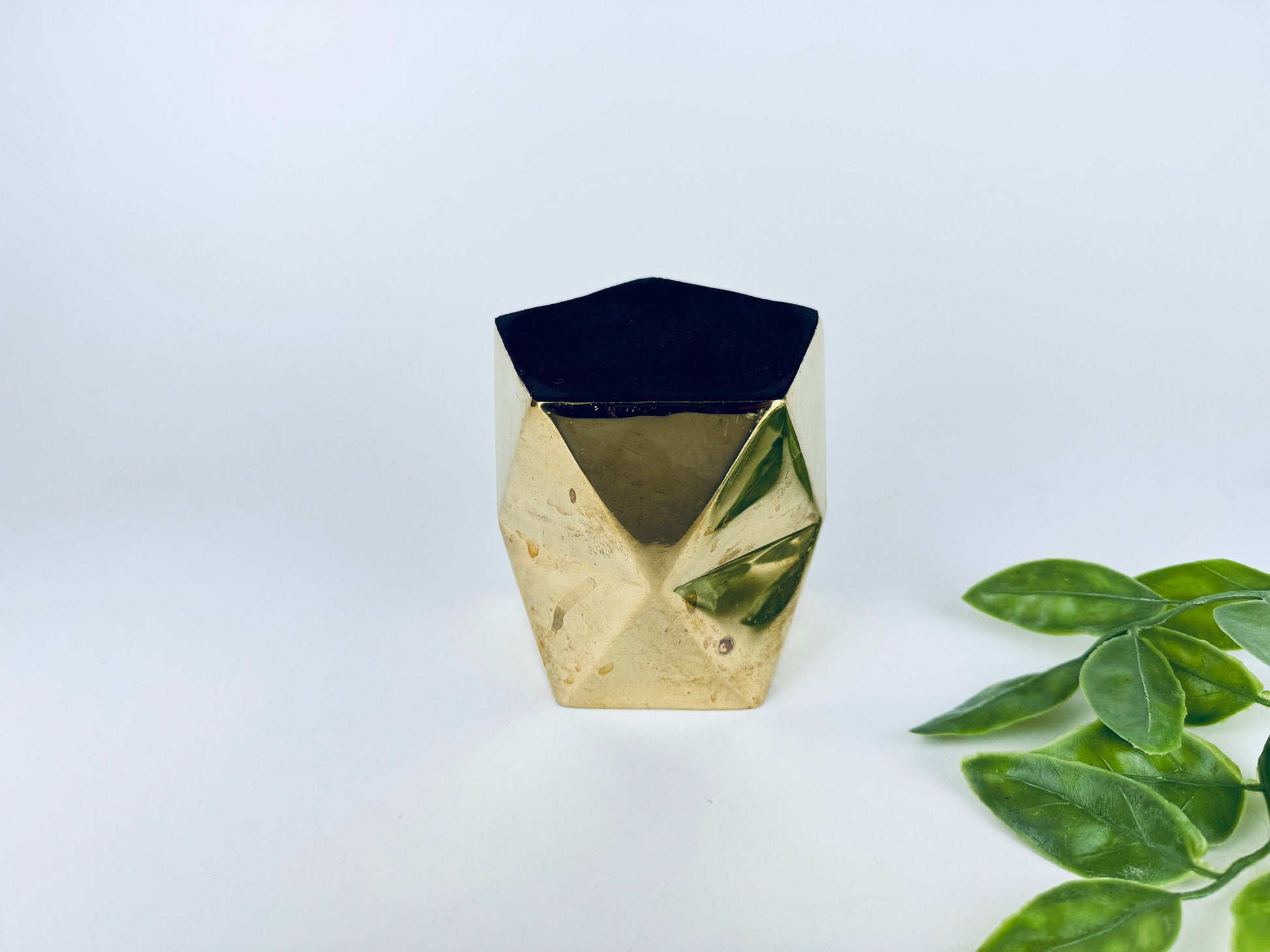 Product image for 'vintage solid brass geometric triangle shape vase attractive aged metal patina' (view d10148)
