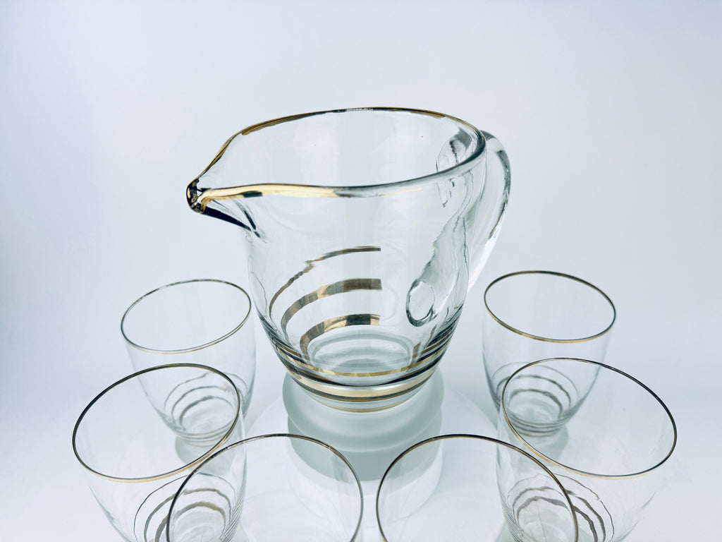 Product image for 'vintage gold striped frosted glass decanter glassware barware set six 6 glasses' (view 70ea8a)