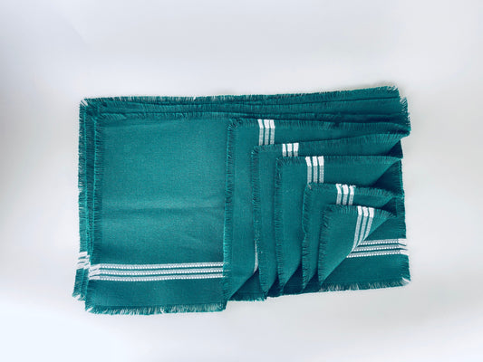 Product image for 'vintage forest green rectangular fringe white stripped woven place mats set of six 6' (view 416eef)