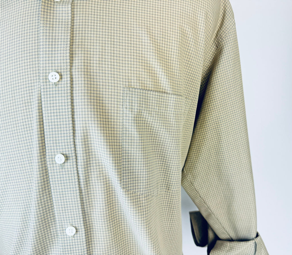 Product image for 'vintage geoffrey beene long sleeve button down green grey gingham shirt size 17 32 33 large made in hong kong' (view 67d6d5)