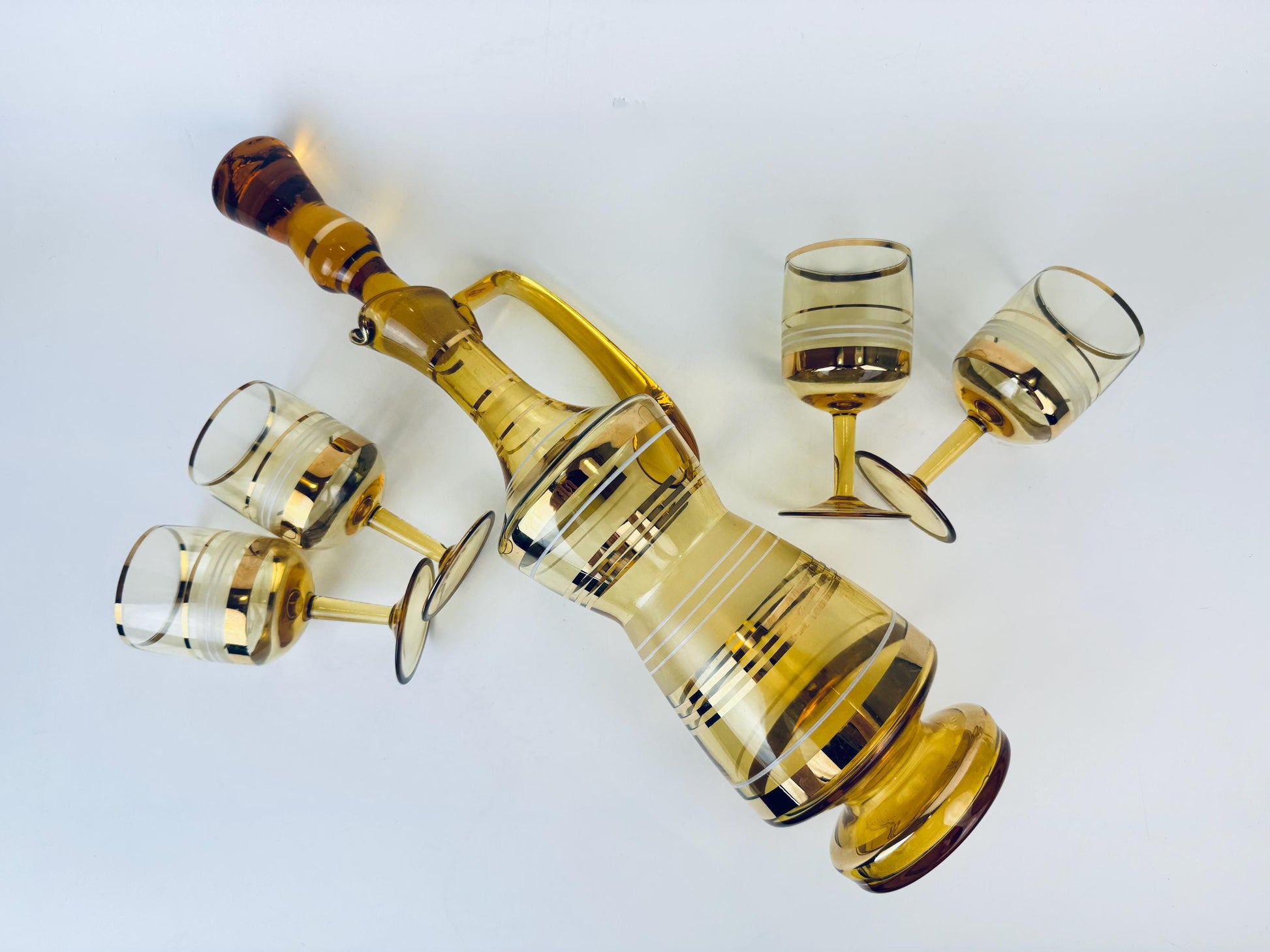 Product image for 'vintage amber gold striped glass barware set decanter stemmed glasses bohemia crystal made in czechoslovakia barware gift' (view cd4507)