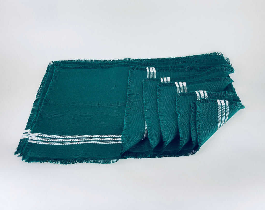 Product image for 'vintage forest green rectangular fringe white stripped woven place mats set of six 6' (view fdeac0)