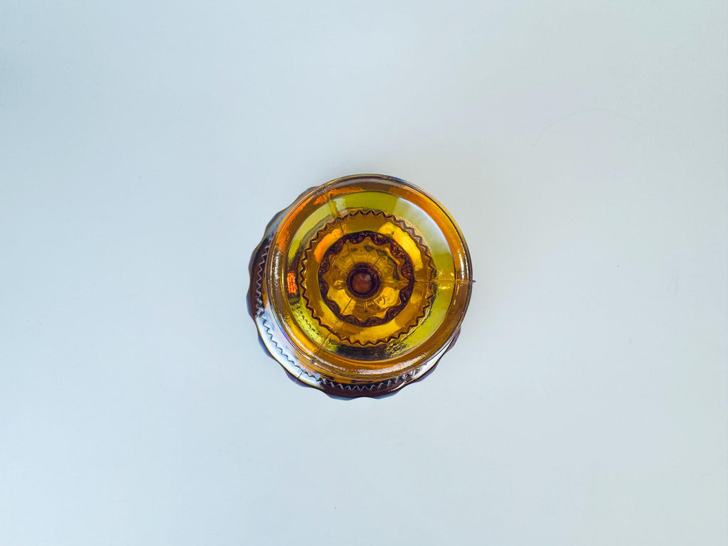 Product image for 'vintage amber carnival glass kings crown thumbprint pedestal compote candy bowl by indiana glass company' (view d429dd)